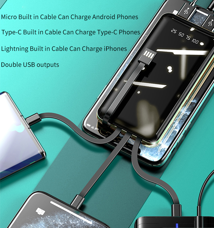 Fast Charging 20000mah Power Bank Built In Cable 20000mah Powerbank